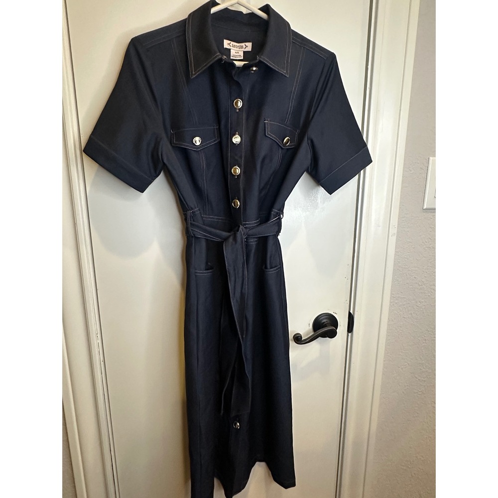 Nanette Lepore Blue Denim Midi Shirtdress Short Sleeve Belted Gold Buttons 4/6